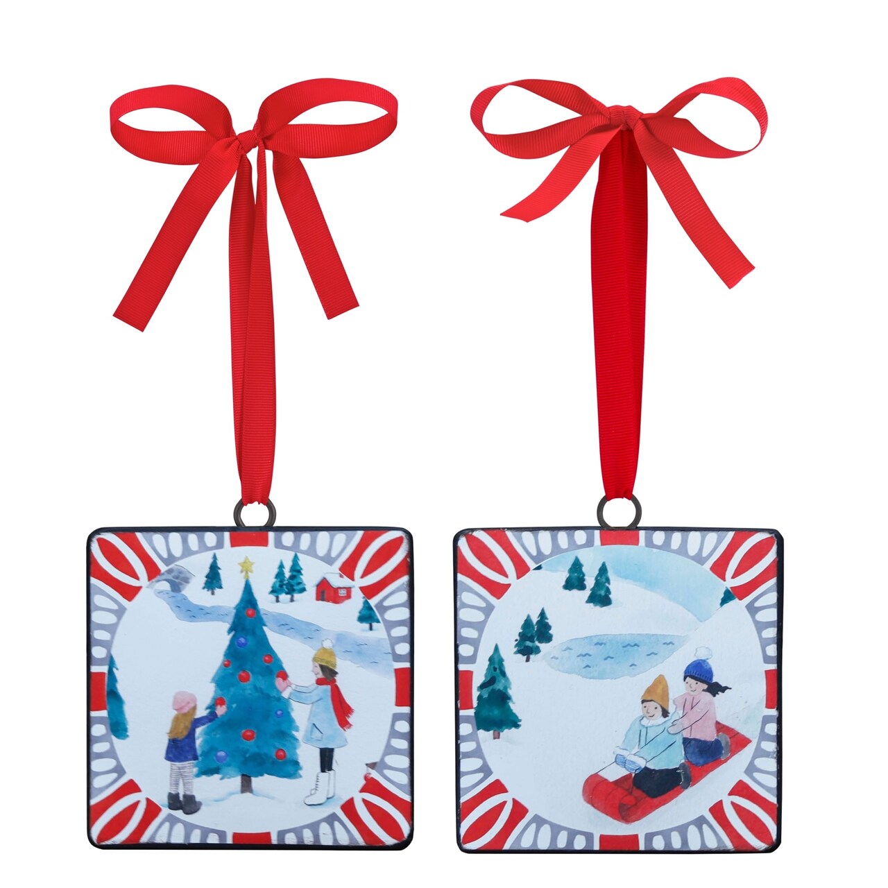 Melrose Winter Sledding and Tree Decorating Christmas Tag Ornaments - 5" - 12ct
